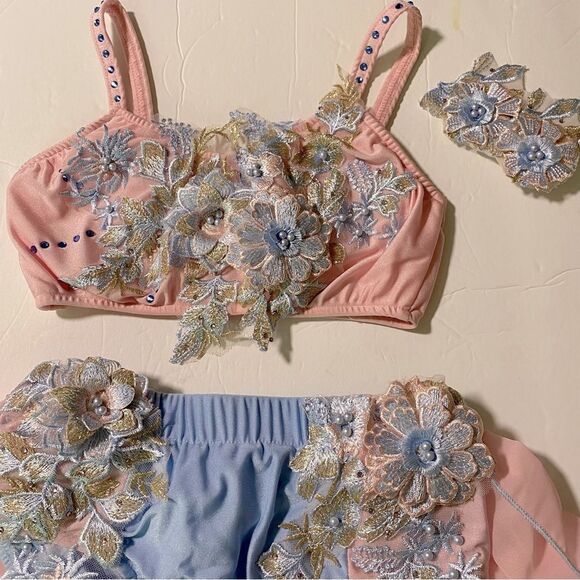 Glamour solo dance costume 2 piece blue pink embellished EUC LC child - Picture 5 of 14